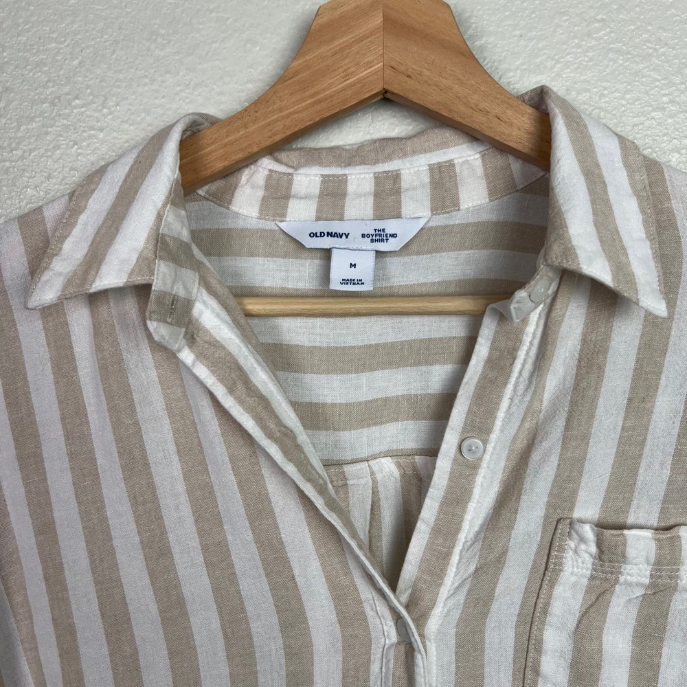 Old Navy The Boyfriend Shirt Tan White Striped Linen Blend Button Down Medium - Picture 2 of 8